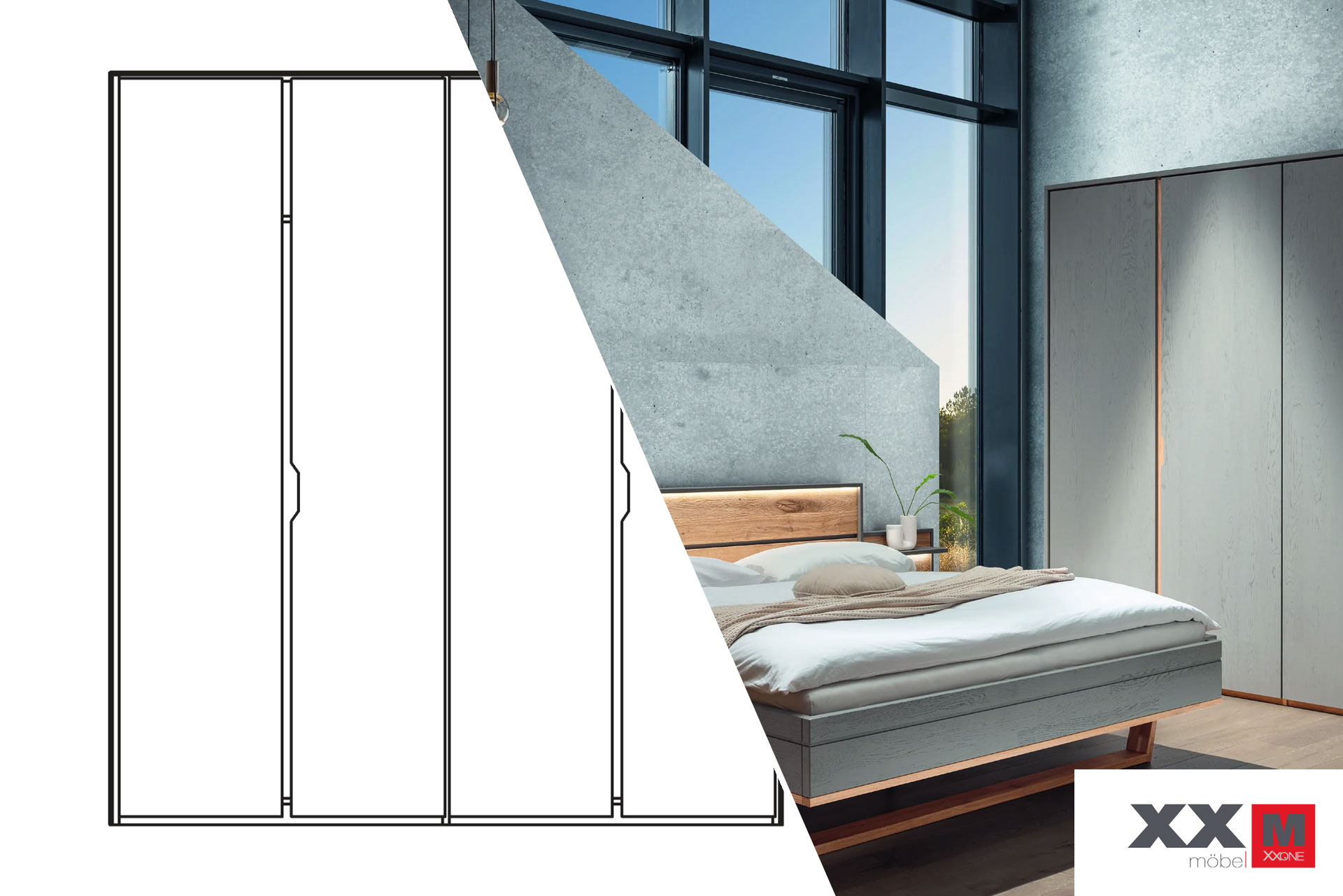 Forestales Alabama Kleiderschrank 4-türig – Wildeiche, grau lasiert – 240 × 216 × 60 cm