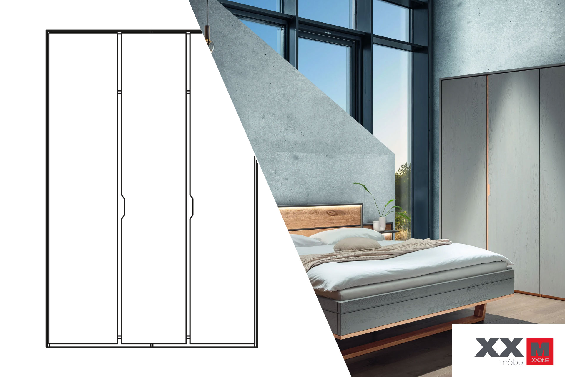 Forestales Alabama Kleiderschrank 3-türig – Wildeiche, grau lasiert – 180 × 216 × 60 cm