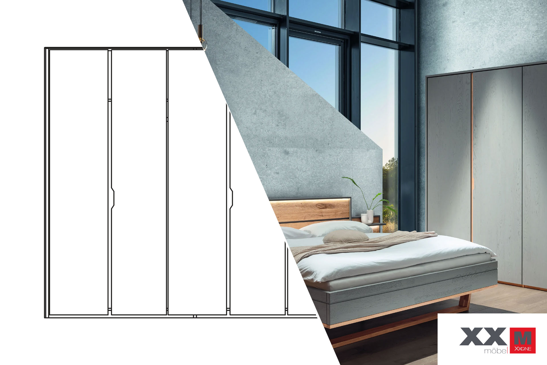 Forestales Alabama Kleiderschrank 5-türig – Wildeiche, grau lasiert – 300 × 216 × 60 cm
